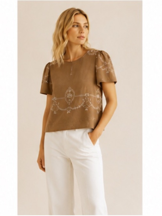 Handmade Tops - Handmade Upcycled Table Linen Top Puff sleeve feminine Neutral Sand Size S